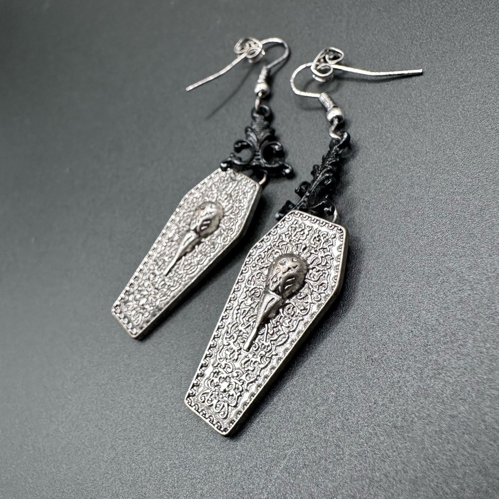 Gothic Coffin Dangle Earrings in Silver and Black